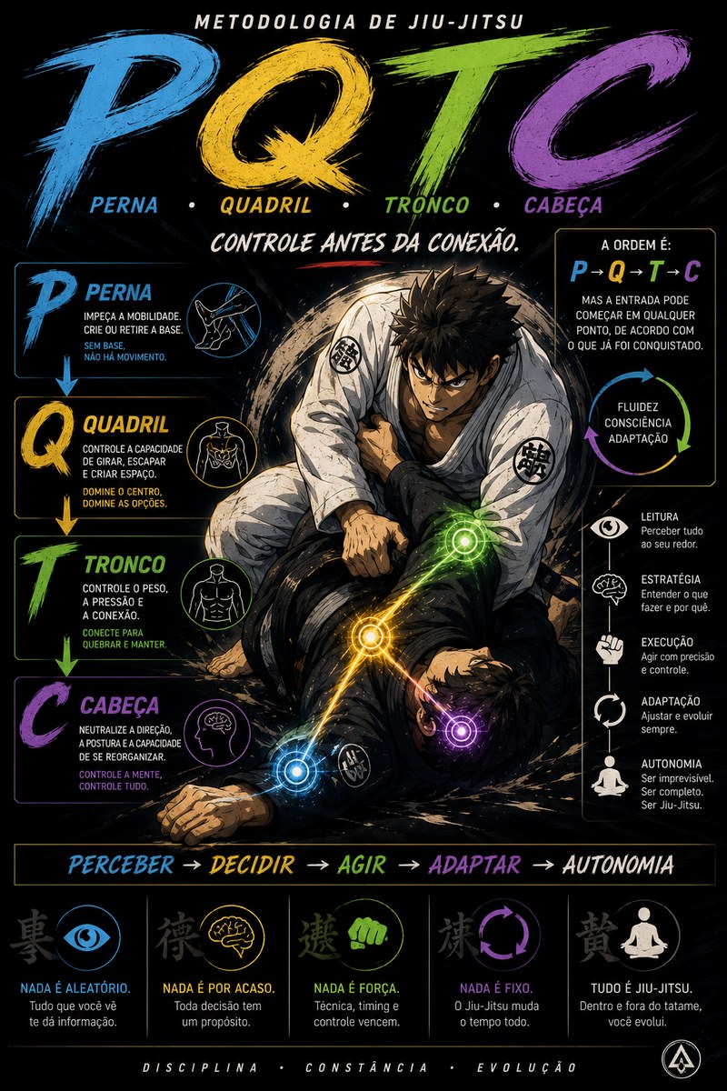 Banner da metodologia PQTC: Perna, Quadril, Tronco, Cabeça — controle antes da conexão